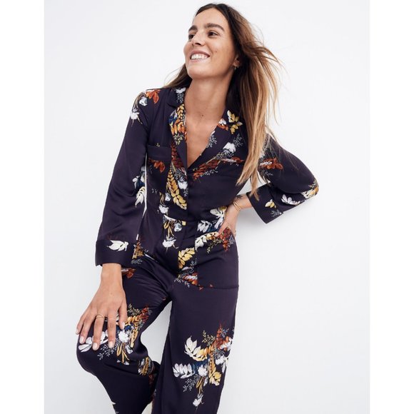 NWT Madewell Satin Pajama Jumpsuit in Blooming Oasis - Picture 2 of 12